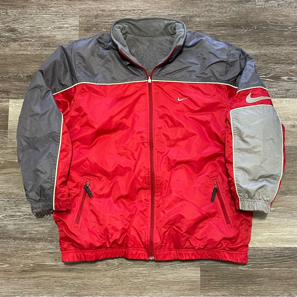 Vintage Nike Reversible Fleece Puffer Jacket Swoosh Mens Medium Y2K Silver Tag